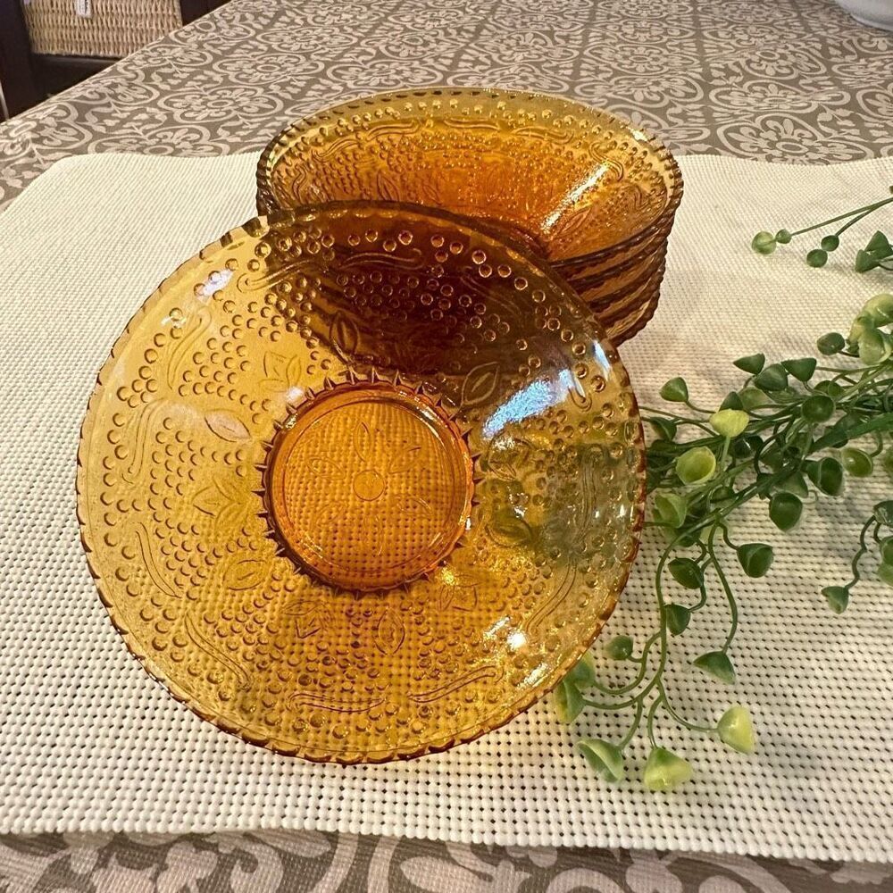 Vintage No Brand Amber Glass Fruit / Dessert  Bowl Set of 6 Textured Fairy Glass